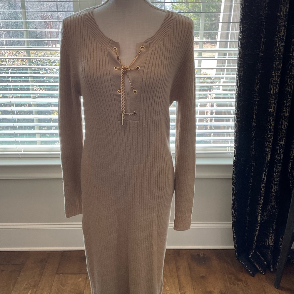 New Michael Kors Camel Ribbed Lace-Up Stretch 
Knit Dress - Size L